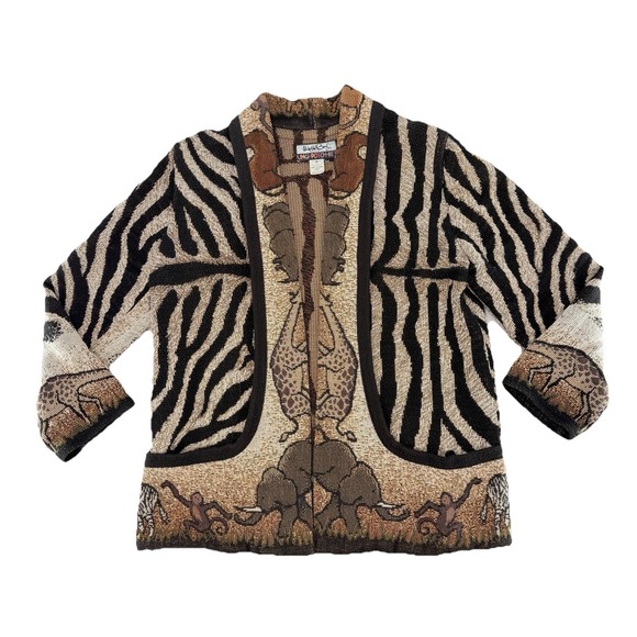 Vtg‎ Unge-Potch-Ket Tapestry Safari Theme Open Jacket Cotton Sz 2 Artsy Boho USA